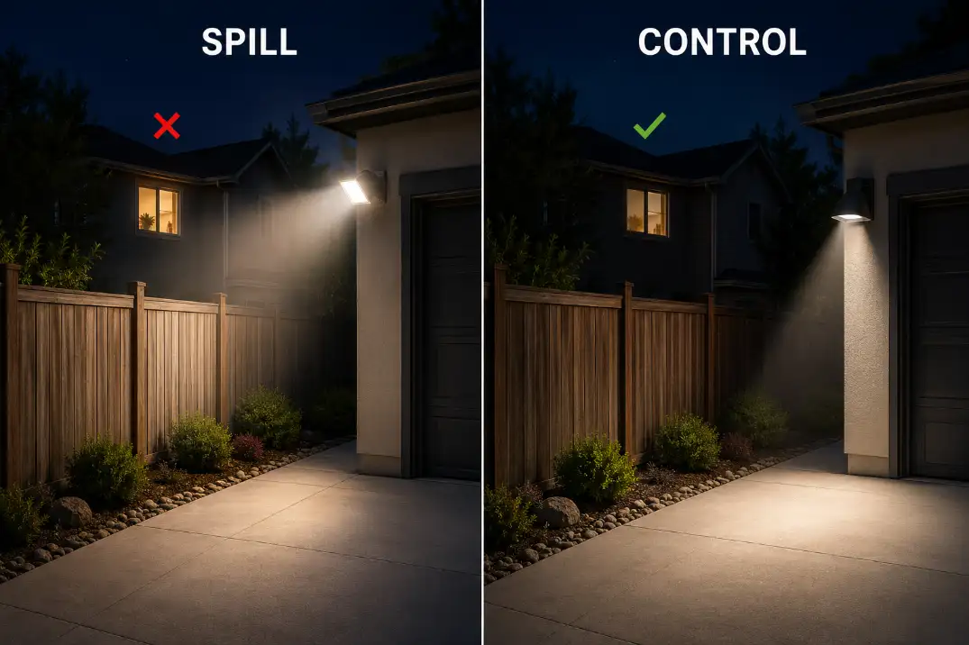 Comparison showing outdoor light spill into a neighbor window versus a shielded light aimed downward onto a driveway