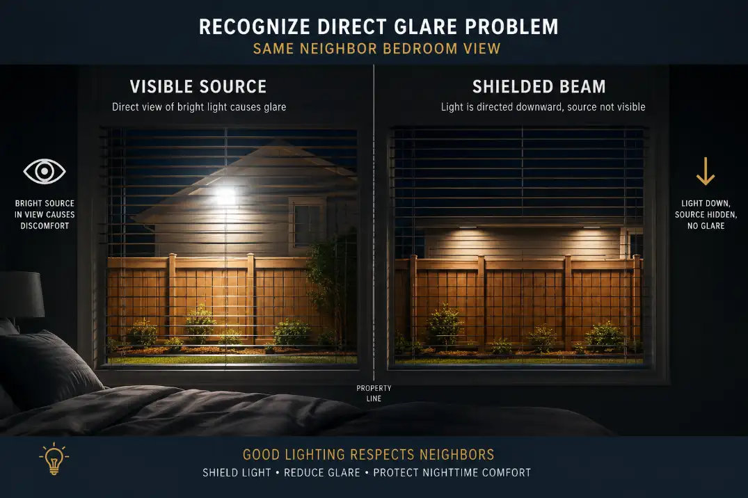 Comparison of exposed motion floodlight glare and shielded downward lighting near a neighbor’s window