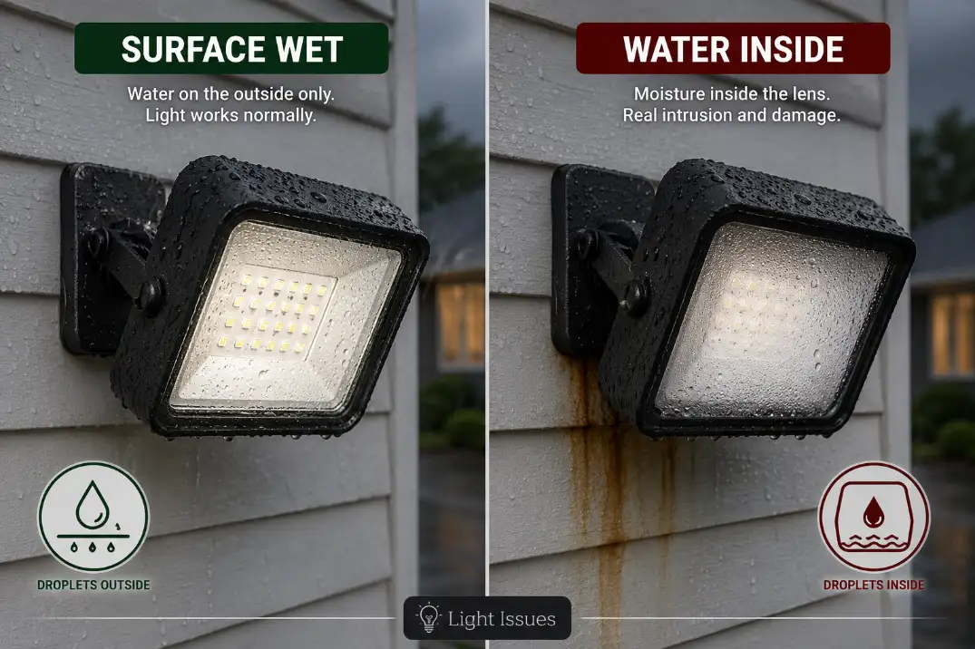 Comparison of normal surface water on an LED flood light versus trapped moisture inside the fixture after rain