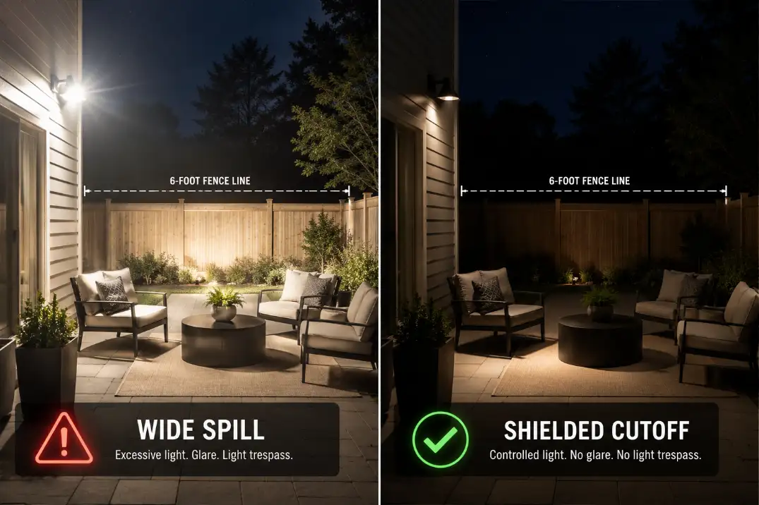 Comparison of a wide-spill backyard floodlight and a shielded cutoff light showing the privacy difference.
