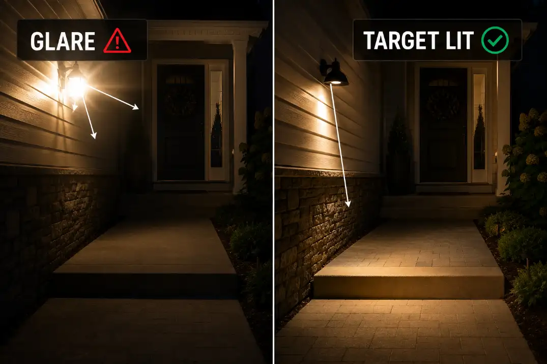 Comparison of outdoor entry lighting showing glare on one side and shielded light aimed at the step edge on the other.