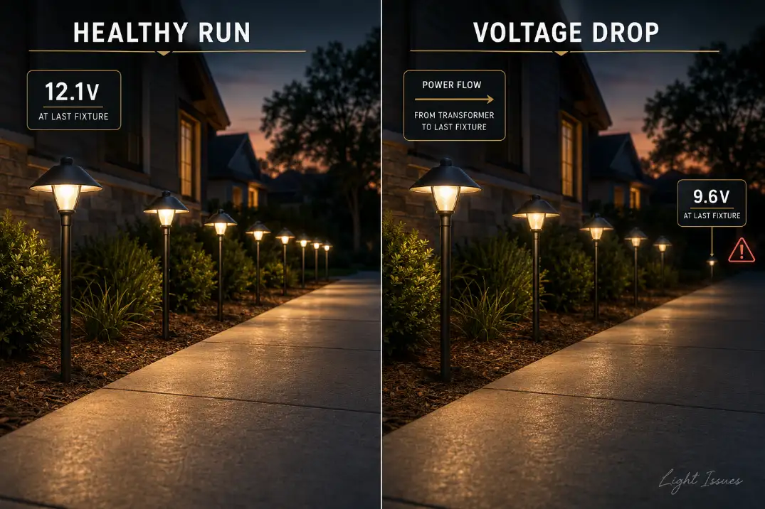 Comparison of a healthy low voltage path light run and a failing run where the final fixture is dim from voltage drop.