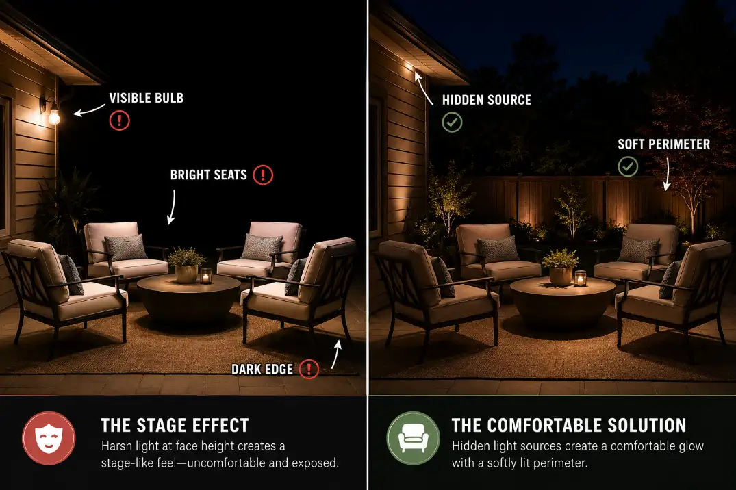 Comparison of patio stage lighting with a visible bulb and dark edge versus comfortable patio lighting with a hidden source and soft perimeter.