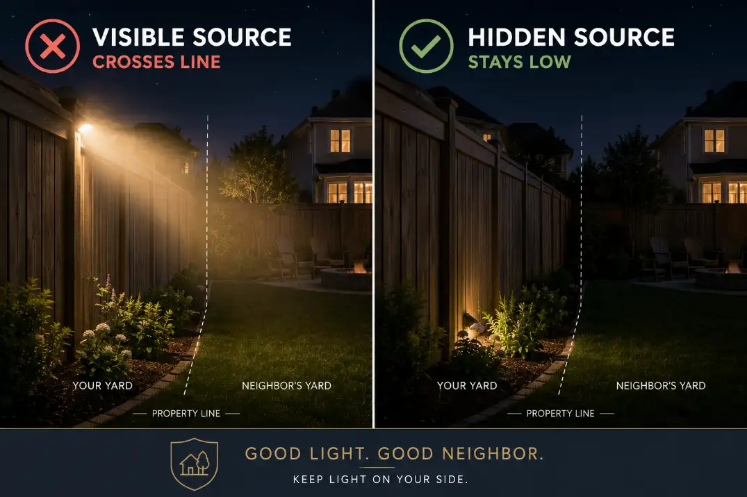 Comparison of exposed shared fence lighting crossing the property line versus shielded low lighting staying inside the yard.