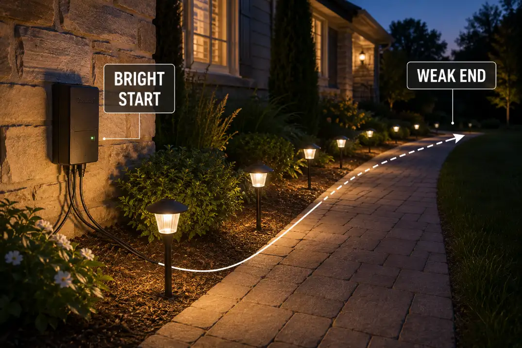 Front yard path lights showing a bright start near the transformer and a weak end caused by transformer load or voltage drop.
