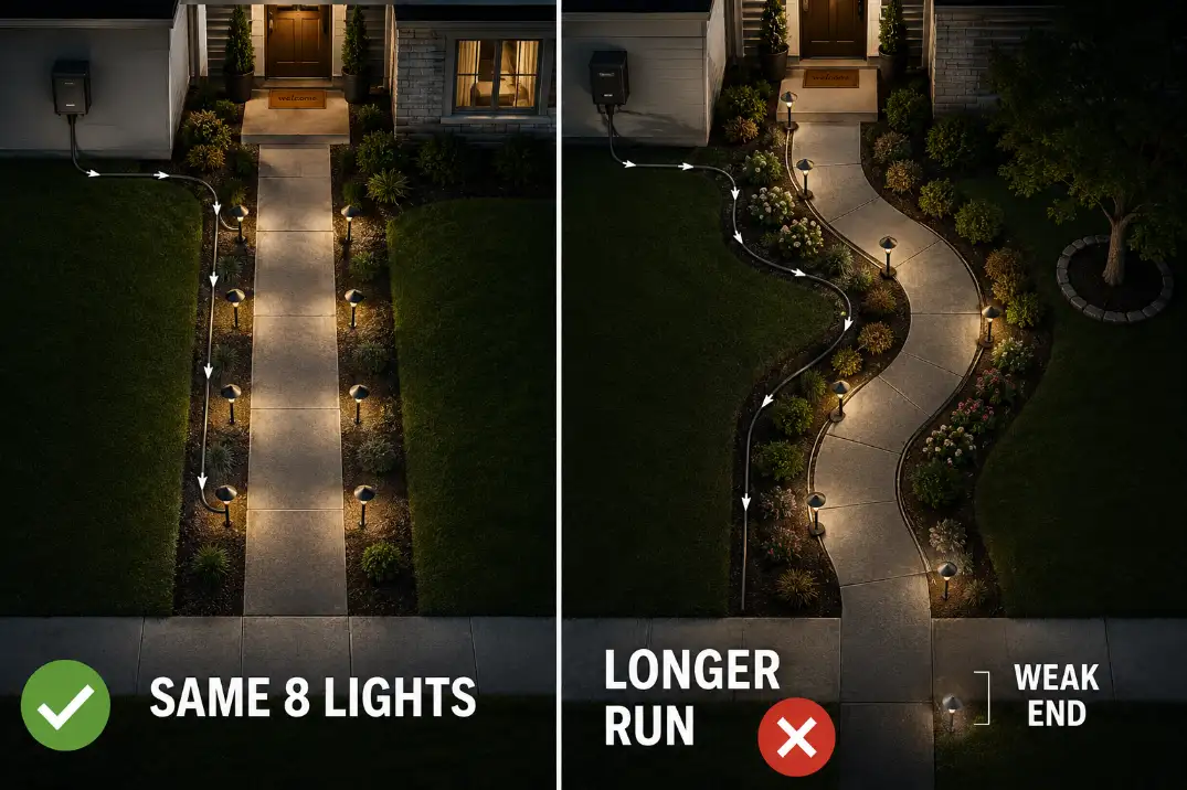Comparison of the same eight landscape lights on a short cable run