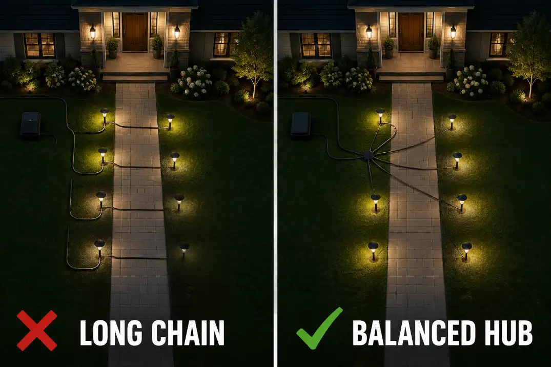 Comparison of daisy chain and hub landscape lighting layouts showing one long cable path versus shorter balanced branch leads.