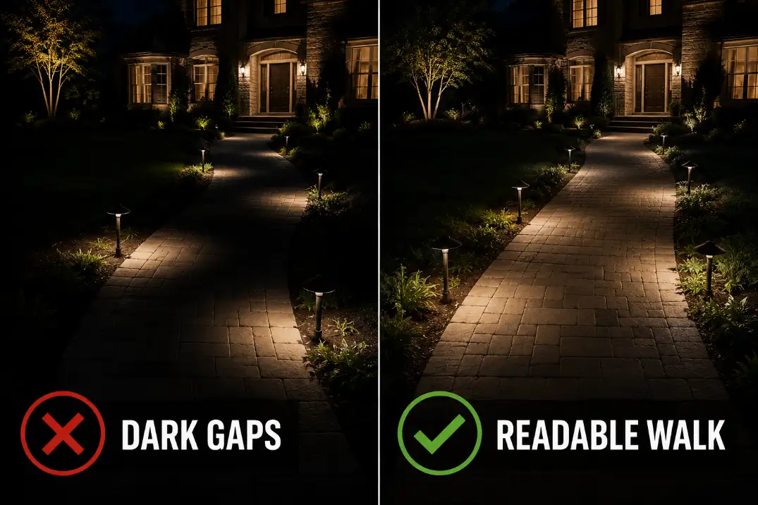 Comparison of walkway lights creating dark gaps versus a readable walking path with connected low light.