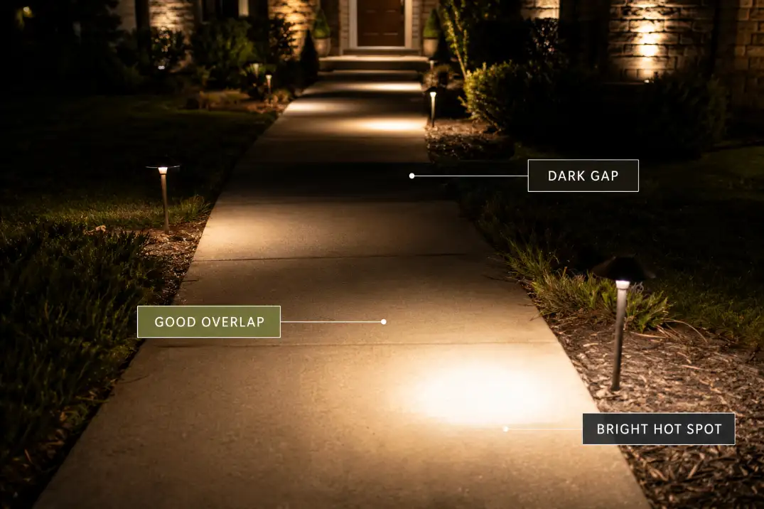 Pathway lights at night showing a bright hot spot, a dark gap, and a better overlapping light area on a walkway.