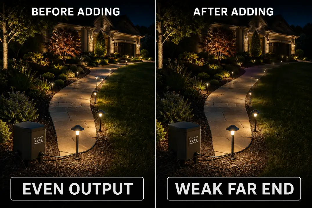 Comparison of landscape lights before and after adding fixtures, showing far-end dimming from added load.