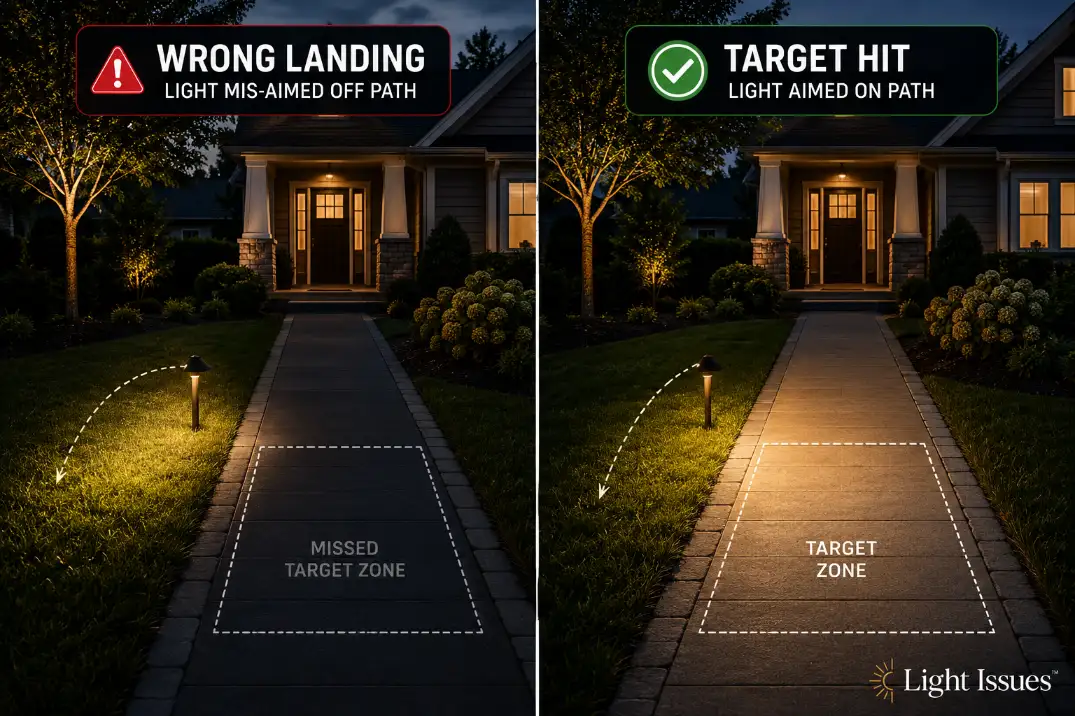 Comparison visual showing an outdoor path light missing the walkway target area versus correctly lighting the walking surface.