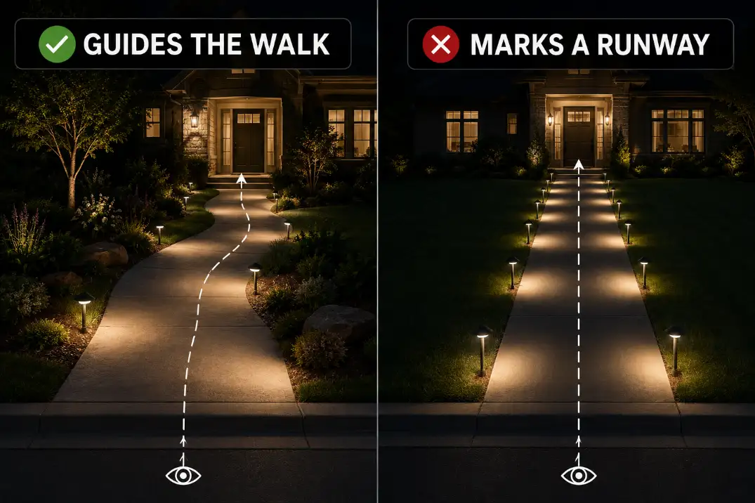 Comparison of staggered path lights guiding a walkway versus paired path lights creating a runway effect.