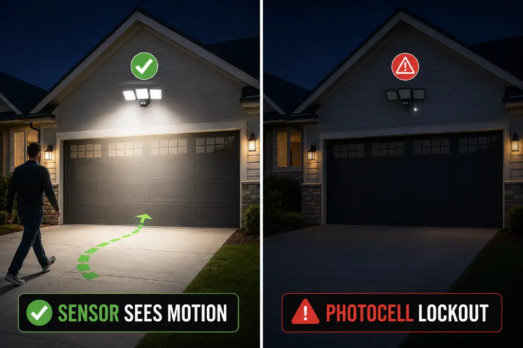 Comparison of an outdoor flood light turning on when motion crosses the sensor versus staying off because of photocell lockout.