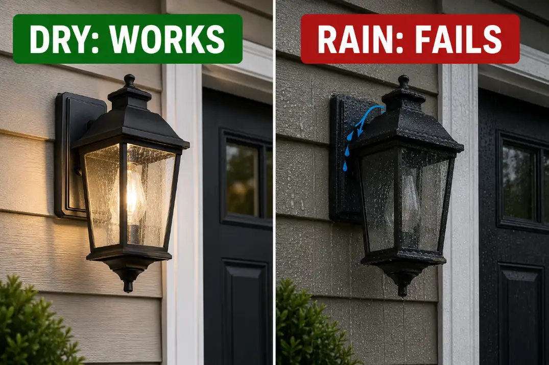 Outdoor wall light comparison showing the fixture working in dry weather but failing after rain reaches the seam.