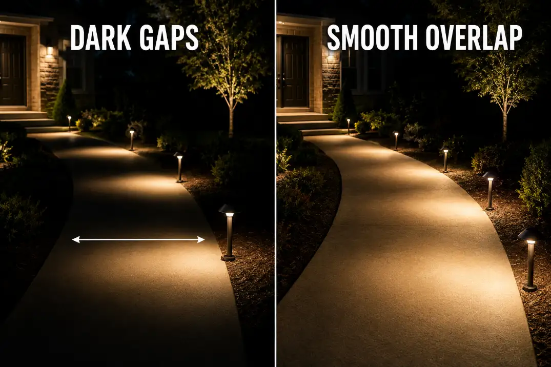 Comparison of pathway lights with dark gaps versus smoother overlapping pools of light.