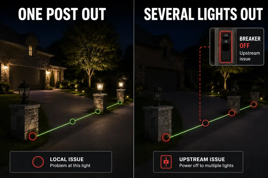 Comparison of one outdoor post light out versus several outdoor lights out showing local fixture trouble versus upstream power trouble.