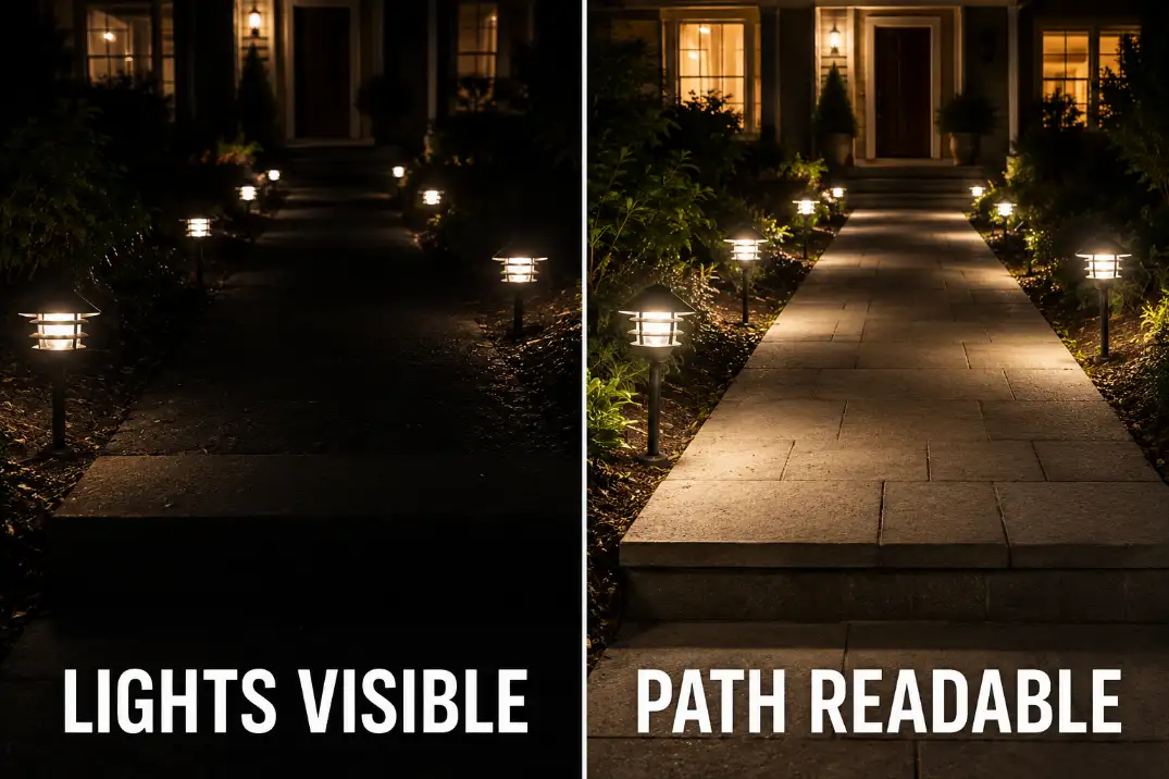 Comparison of path lights that only make fixtures visible versus path lights that make the walkway surface readable at night.