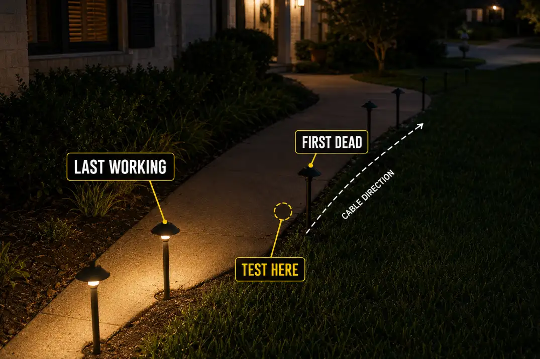 Row of low voltage path lights showing the last working light and first dead light as the key place to begin diagnosis.