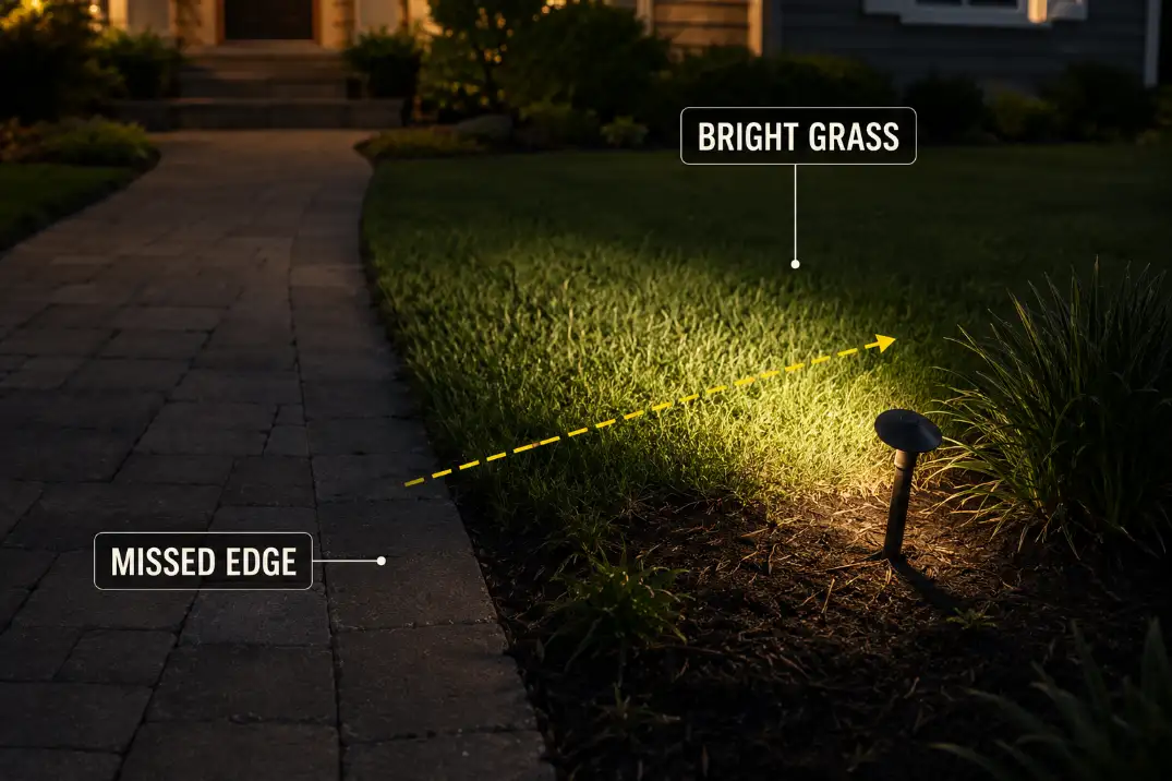 Path light casting its brightest beam into grass while the walkway edge remains dim.