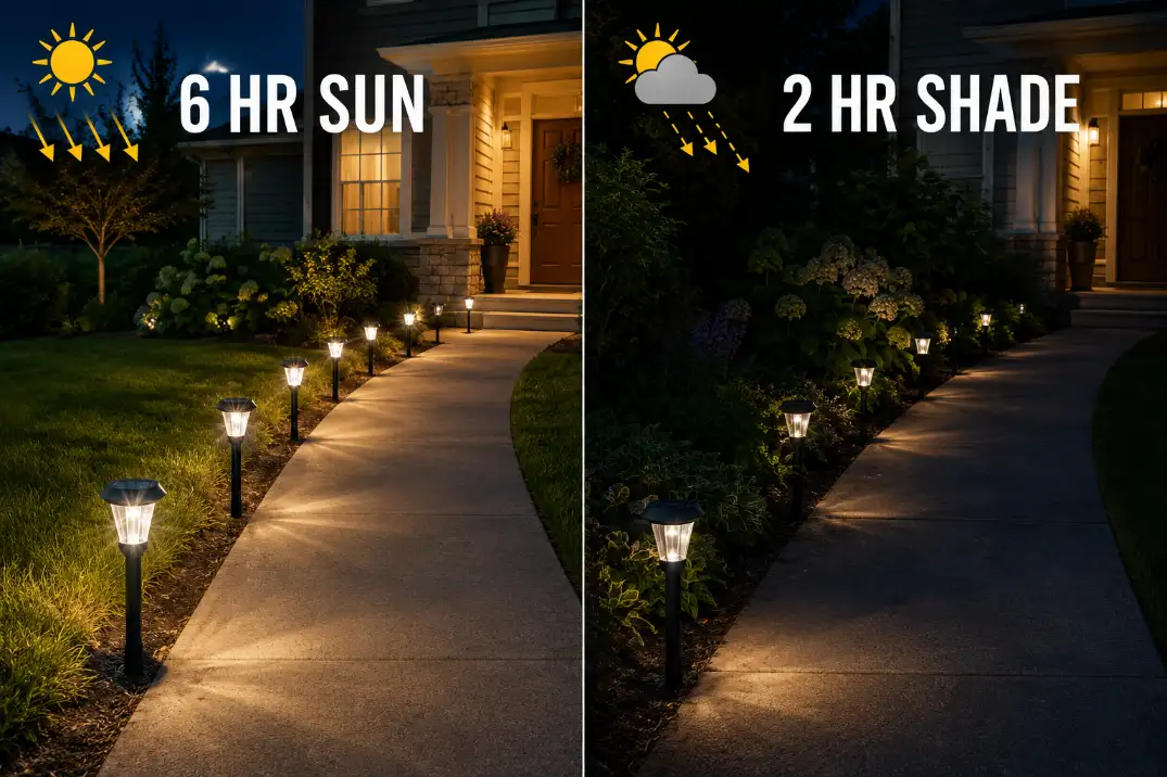 Comparison of solar path lights receiving about six hours of sun versus two hours of shade, showing why the shaded lights look dim and uneven at night.