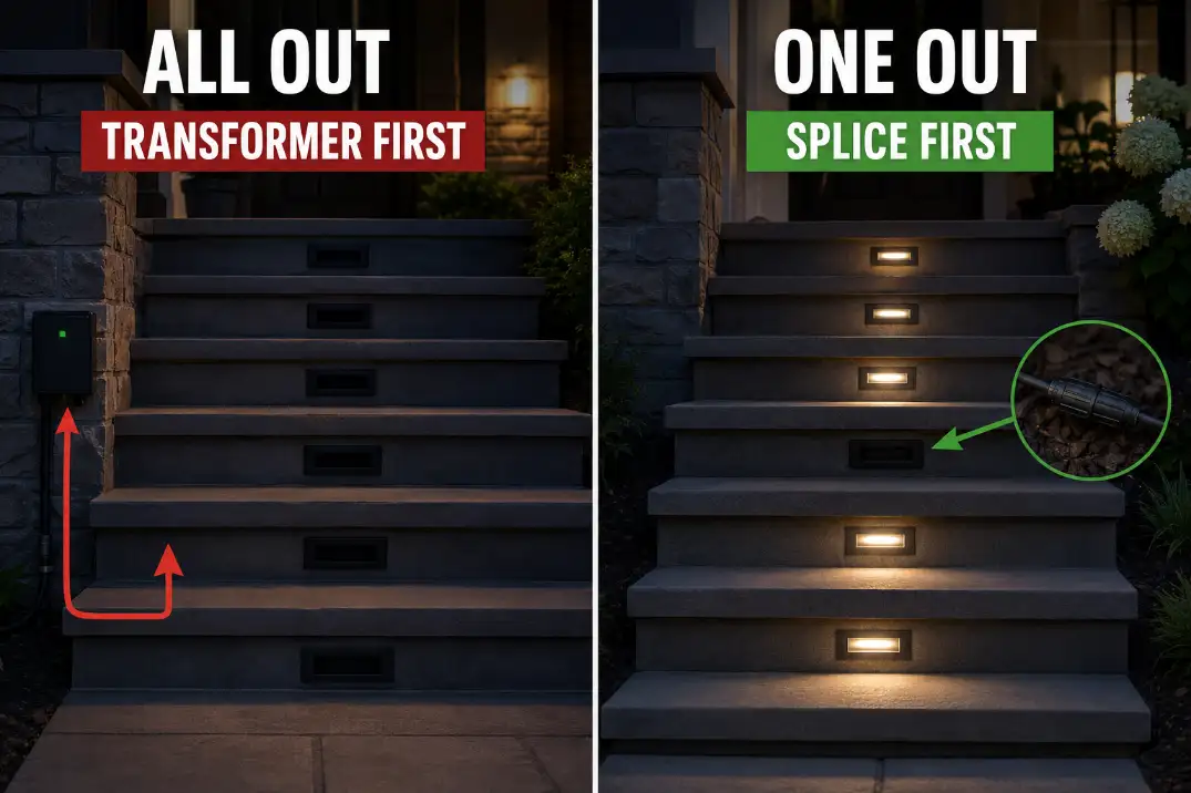 Comparison showing all low voltage step lights out versus one step light out, with transformer-first and splice-first diagnostic paths.
