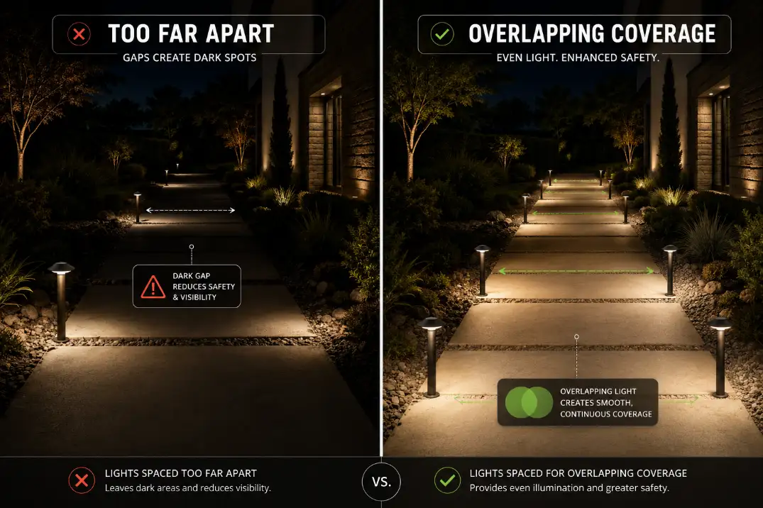 Premium comparison visual showing path lights spaced too far apart versus overlapping coverage with labels and spacing arrows.