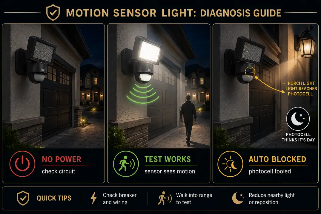 Premium diagnostic comparison showing no power, test mode working, and auto mode blocked on an outdoor motion sensor light