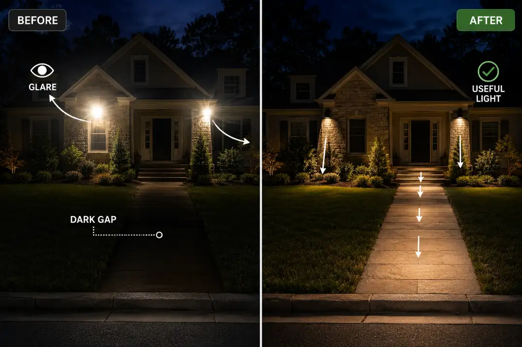 Comparison graphic showing front yard glare and dark gaps versus shielded lights creating useful walkway coverage.