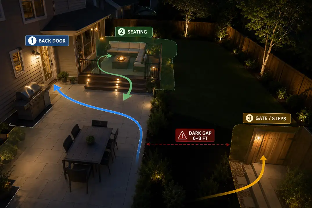 Backyard lighting route test with labeled walking paths and a dark 6 to 8 foot gap marked near the steps and side gate