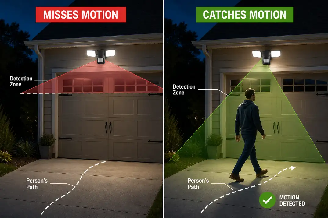 Comparison showing outdoor motion sensor light missing motion when aimed poorly and detecting motion when aimed across the walking path