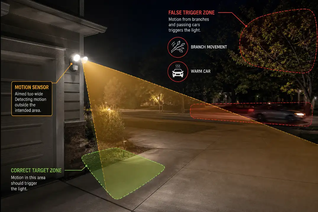 Motion sensor light with overlay showing false trigger zone from street traffic and moving branches.