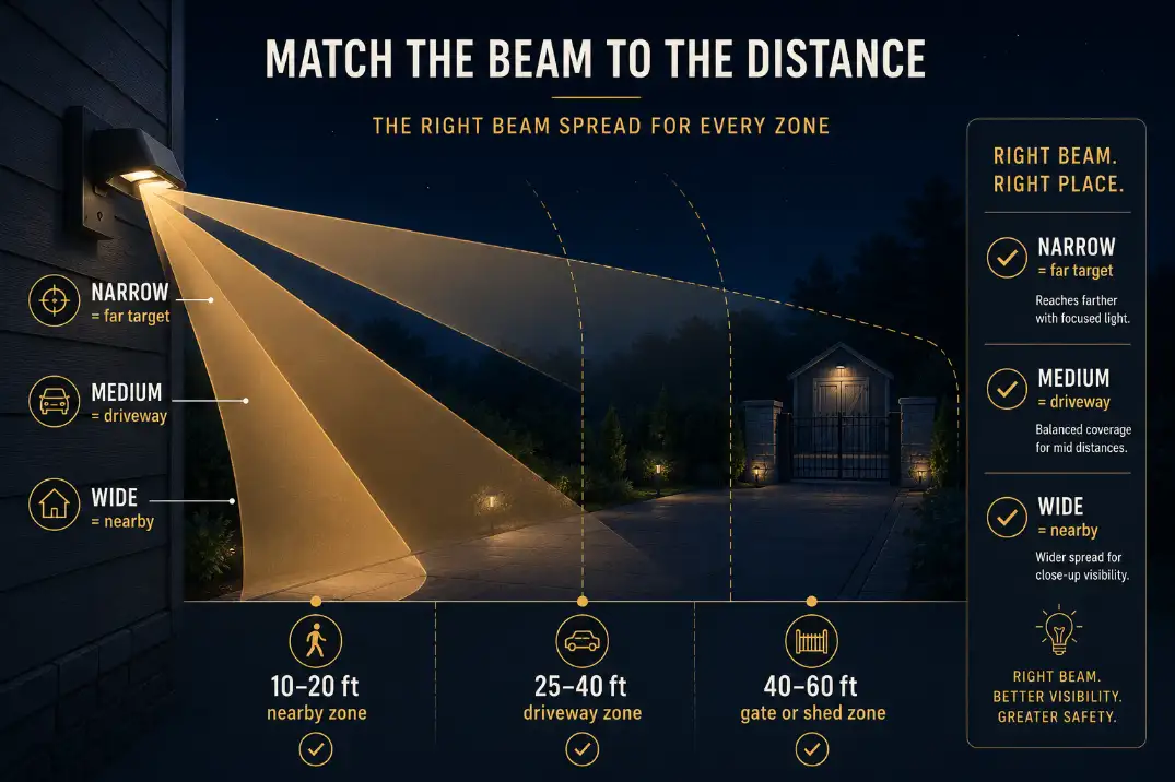Premium diagram showing wide, medium, and narrow outdoor light beams matched to nearby, driveway, and far target distances.