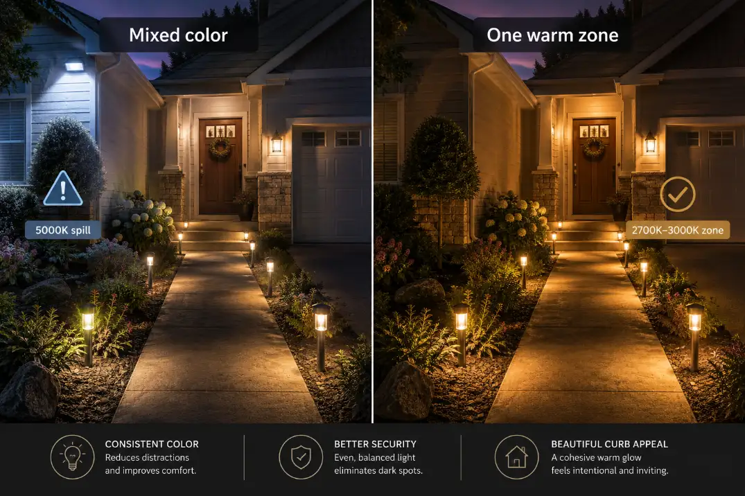 Premium comparison graphic showing mixed outdoor light color temperatures versus one consistent warm lighting zone