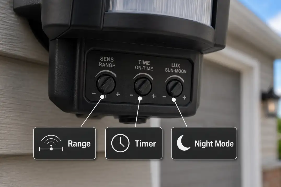 Outdoor motion sensor light control dials with labels for range timer and night mode adjustments