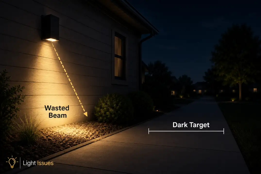 Diagram showing an outdoor light beam wasted on a nearby wall while the intended walkway target remains dark