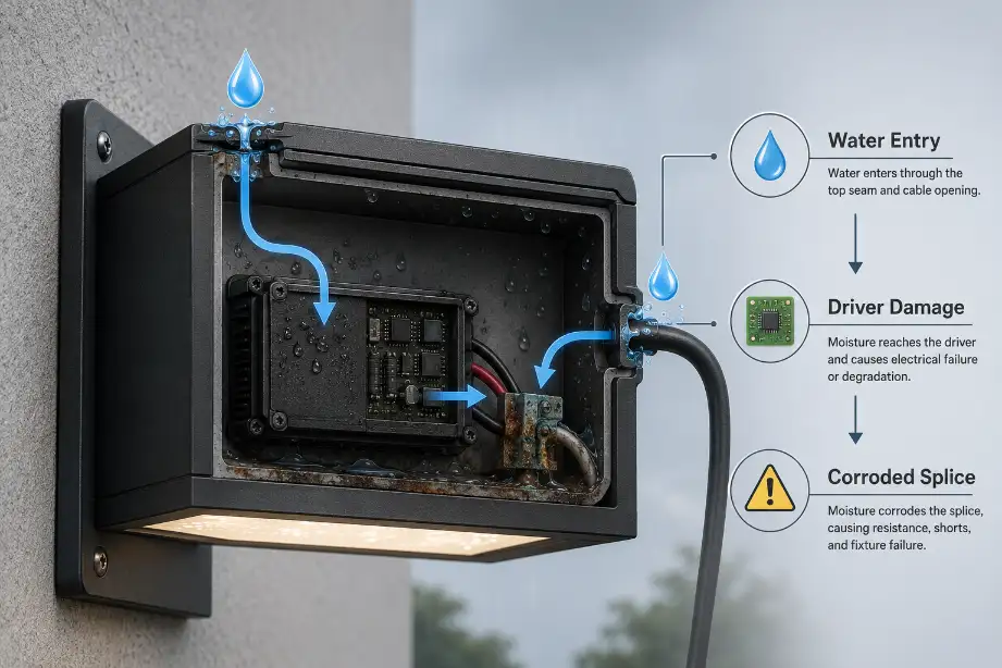 Premium diagram showing water entering an outdoor LED fixture and damaging the driver and wire splice.