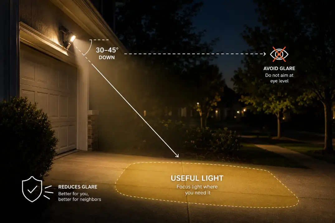 Annotated outdoor floodlight showing a 30 to 45 degree downward aim that puts useful light on the driveway instead of eye-level glare.