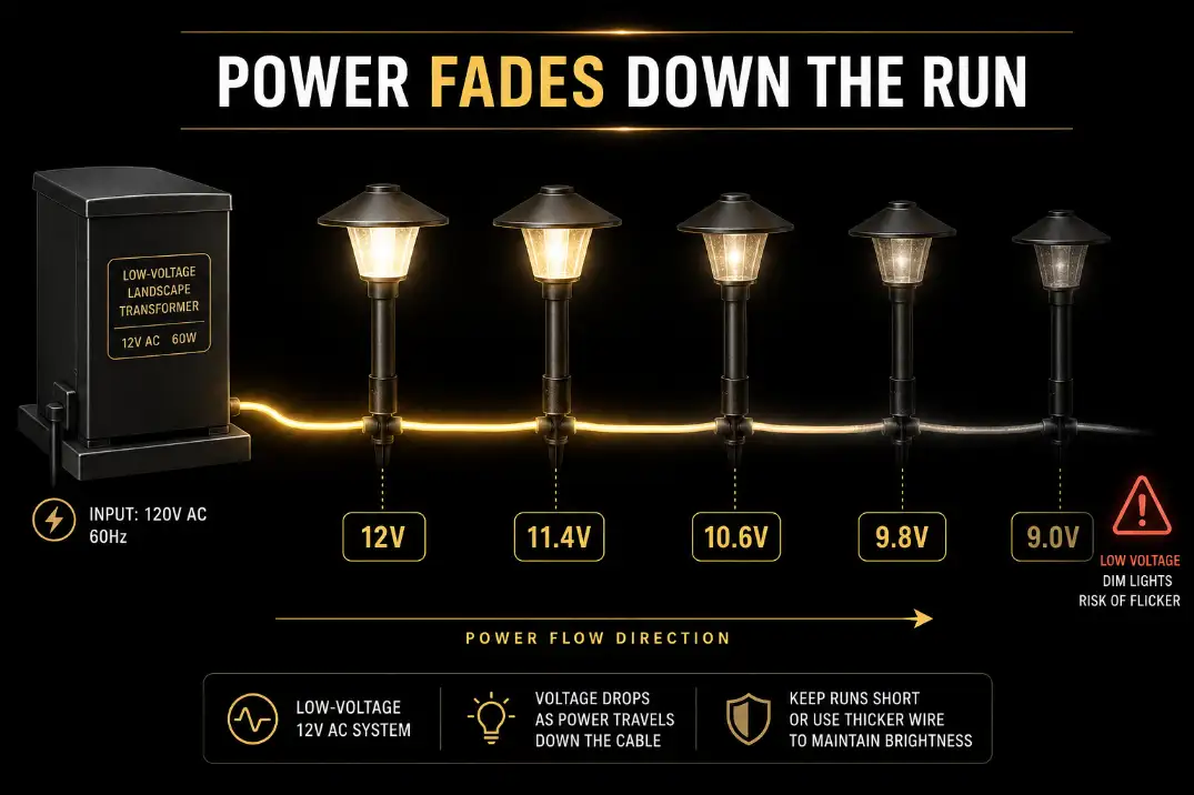 Premium diagram showing outdoor LED landscape lights dimming as voltage drops along a low-voltage cable run.