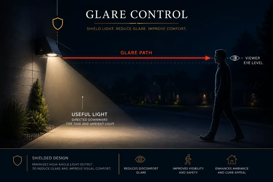 Premium diagram showing eye-level glare path versus useful downward outdoor light with labels and symbols