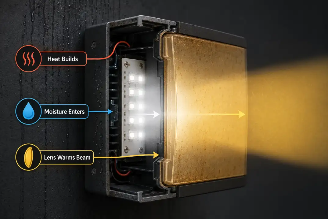 Technical diagram showing heat buildup, moisture entry, and lens aging causing an outdoor LED beam to turn yellow.