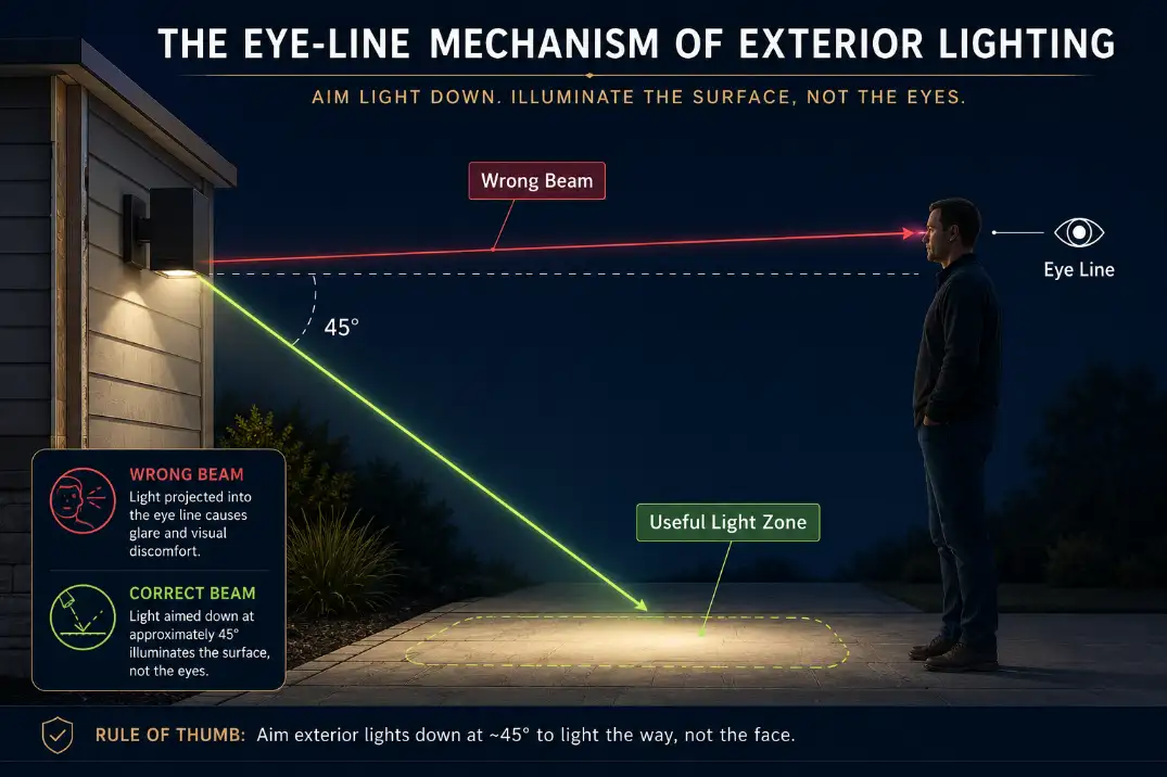 Diagram showing outdoor light glare when the beam enters eye level instead of aiming down onto the walkway.