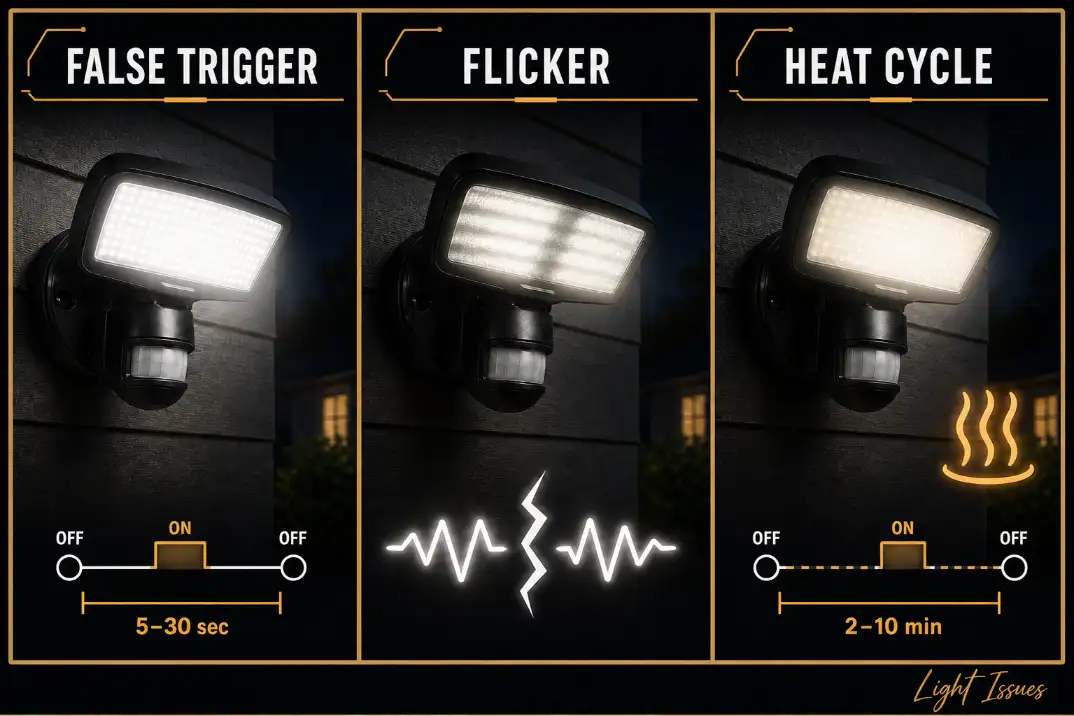 Premium comparison graphic showing false triggering, flickering, and heat cycling patterns in an outdoor motion light