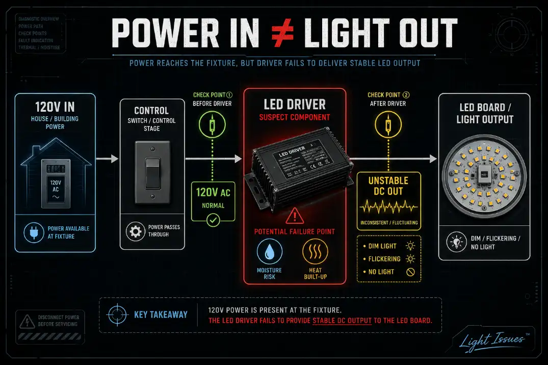 Diagram showing outdoor LED fixture power entering the driver while unstable DC output causes the LED board to flicker or shut off.