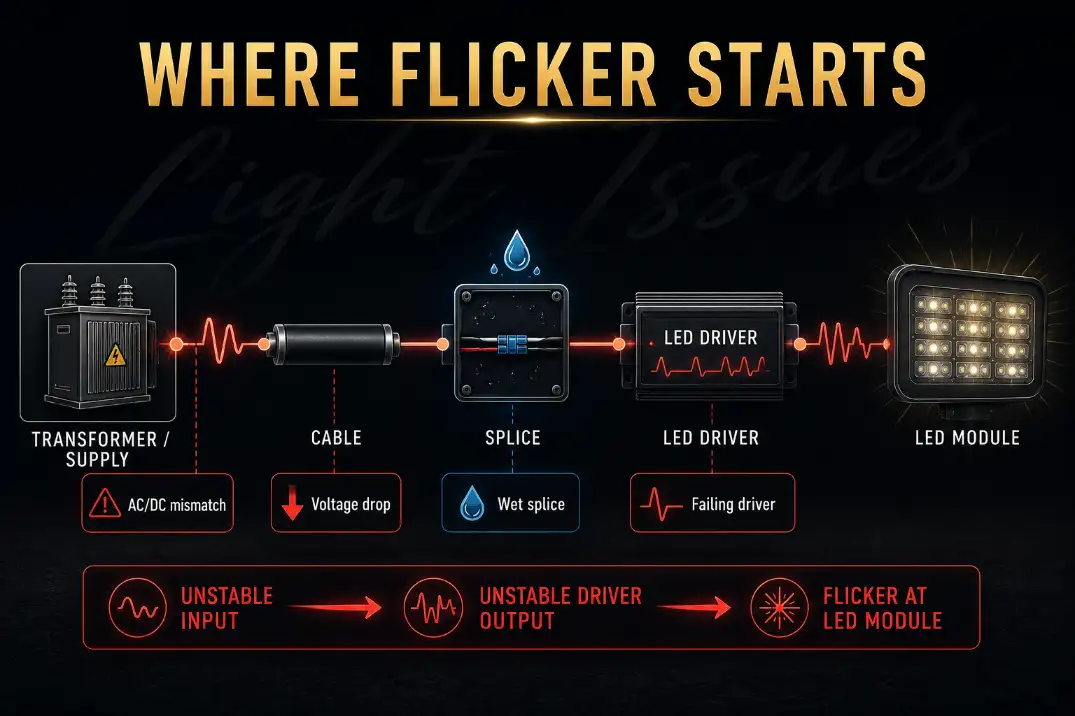Diagram showing voltage drop, wet splices, AC DC mismatch, and failing LED drivers as causes of outdoor LED flicker.