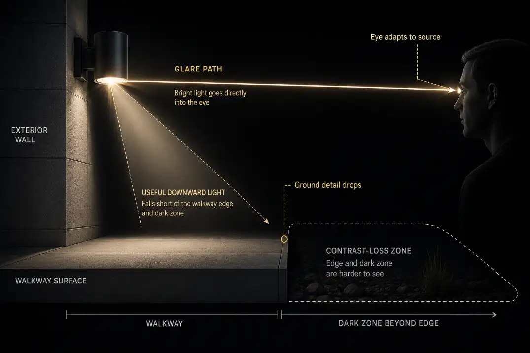 Diagram showing outdoor light glare entering the eye and reducing contrast on the walkway surface.