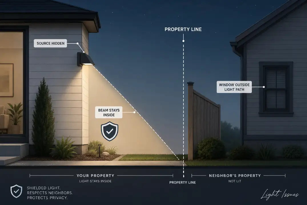 Diagram showing shielded outdoor light aimed downward with the beam staying inside the property line and away from a neighbor window.