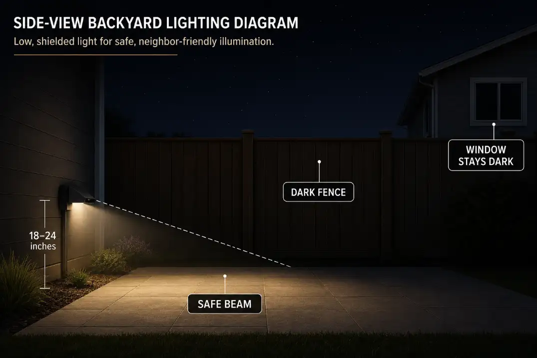 Diagram of a low shielded backyard light aimed downward so the beam lights the patio floor without reaching the fence or neighbor window.