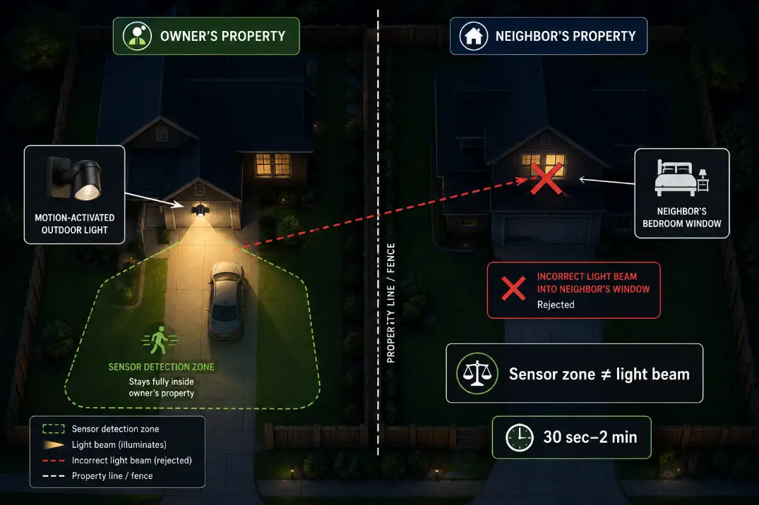 Diagram showing outdoor motion light beam and sensor zone kept inside the property line away from a neighbor window