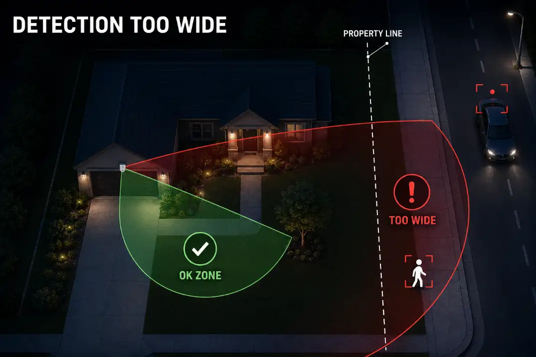 Diagram showing motion sensor detection zone extending beyond property line and triggering a floodlight toward a neighbor