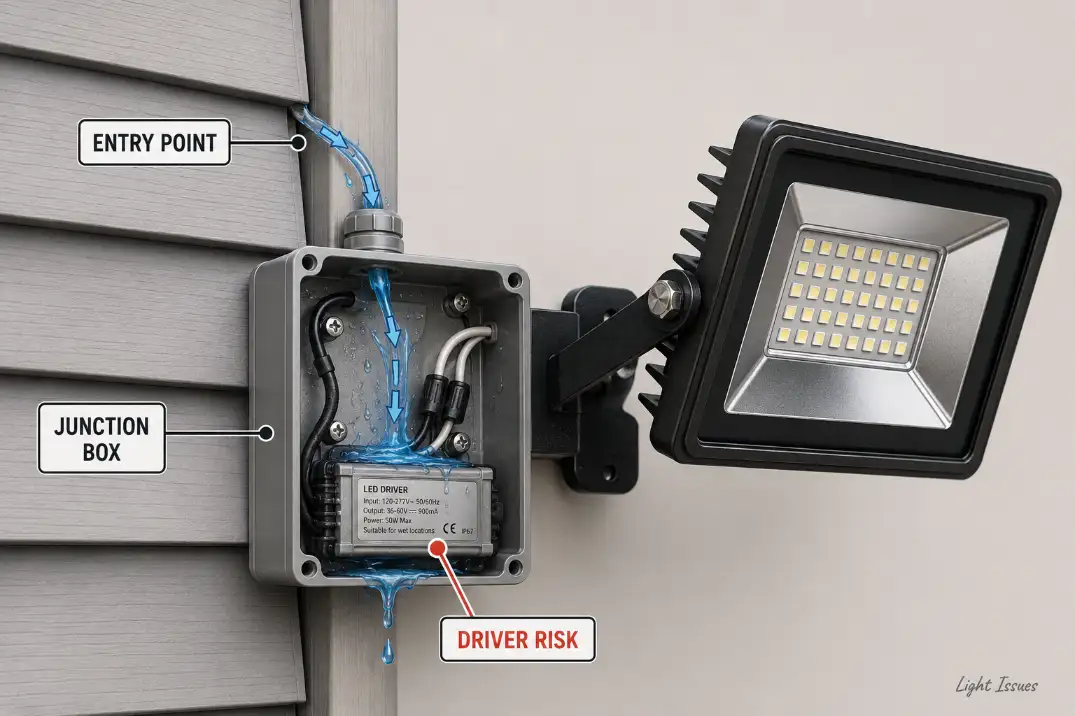 Diagram showing rainwater entering behind an LED flood light through the wall gap and reaching the junction box and driver